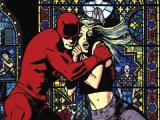 Daredevil holding Karen Page in front of a stained glass window, from the cover of Daredevil: Born Again