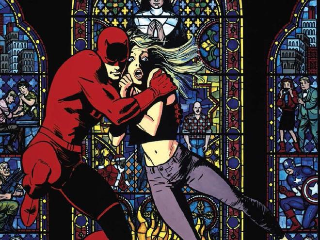 Daredevil holding Karen Page in front of a stained glass window, from the cover of Daredevil: Born Again