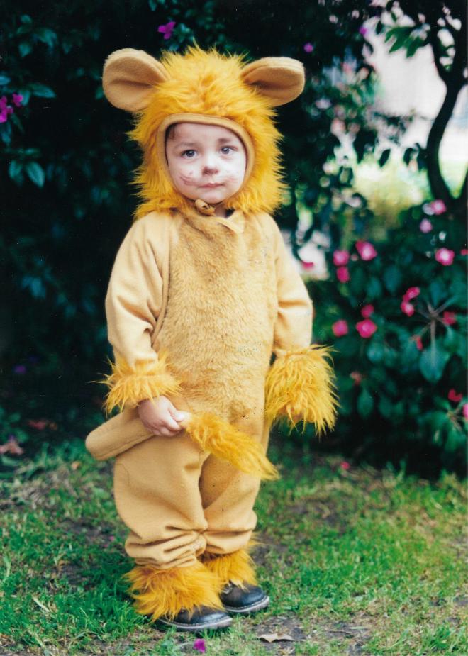Daniel Felipe Montenegro at three years old, dressed as a lion in a maned hood and furry cuffs, with whiskers painted on his face, standing on the grass in front of flowering shrubs