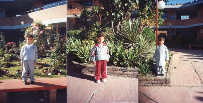 Daniel Felipe Montenegro on his first day of school, a small boy in a grey tracksuit standing in the school garden, in three photographs taken minutes apart