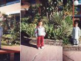 Daniel Felipe Montenegro on his first day of school, a small boy in a grey tracksuit standing in the school garden, in three photographs taken minutes apart