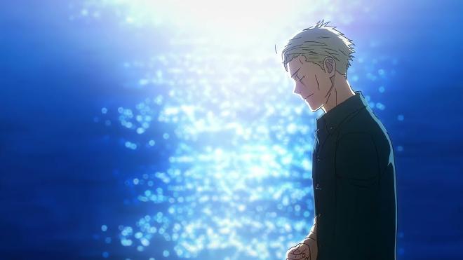 Nanami Kento in profile, eyes closed, in front of a sea full of light