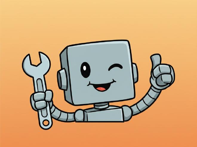 Cartoon robot holding a wrench and giving thumbs up