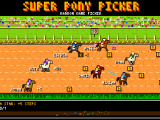 Seven 8-bit ponies racing mid-race past a cheering crowd in Super Pony Picker