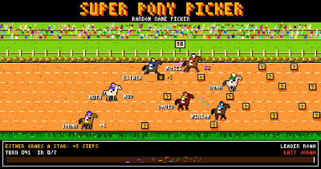 Seven 8-bit ponies racing mid-race past a cheering crowd in Super Pony Picker