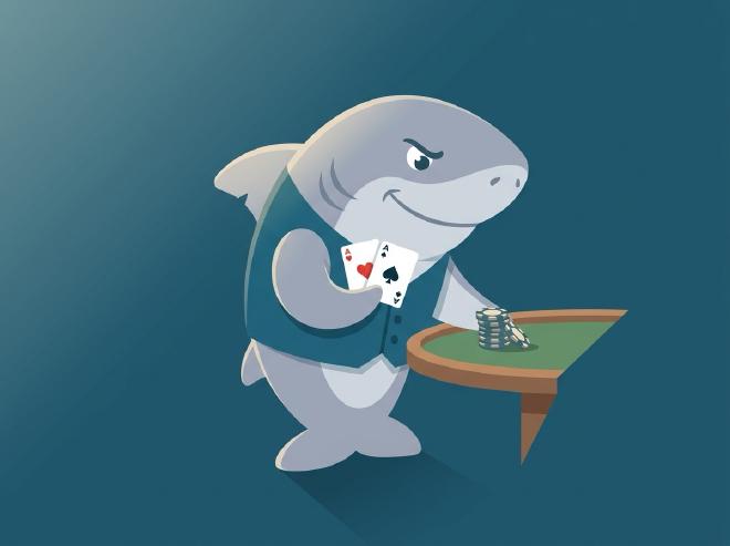 A cartoon card shark in a dealer's vest, pushing a stack of chips across a felt table while holding the ace of hearts and the ace of spades