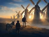 Don Quixote on horseback and Sancho Panza with his donkey, facing a line of windmills at sunrise