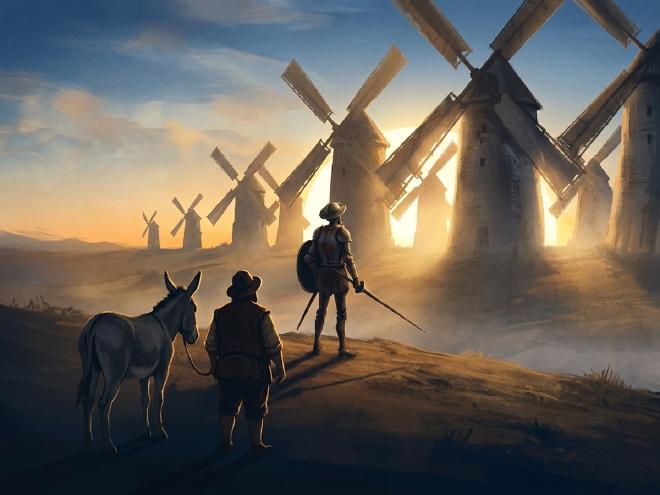 Don Quixote on horseback and Sancho Panza with his donkey, facing a line of windmills at sunrise