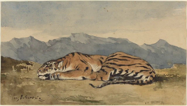 A watercolour of a tiger lying curled on open ground before blue mountains