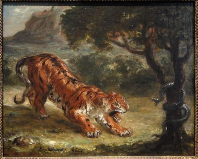 A tiger crouching low, snarling at a snake coiled around a tree trunk