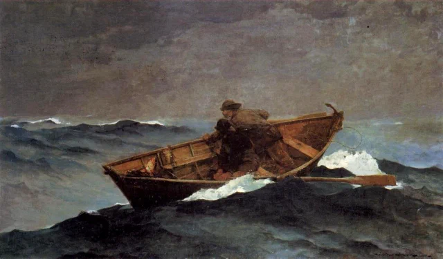Two fishermen in a small dory on heavy grey seas, straining to see through the fog