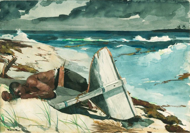 A man lying face down on a beach beside his wrecked boat, under a dark sky