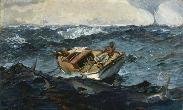 A man lying on the deck of a dismasted boat in a heavy sea, sharks circling around it