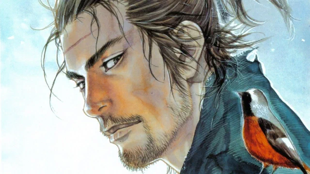 A watercolour of Musashi in profile, a small bird perched on his shoulder