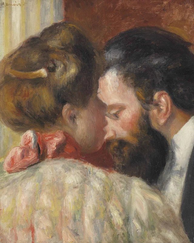 A bearded man leaning close to a woman's ear, both seen from behind in soft brushwork