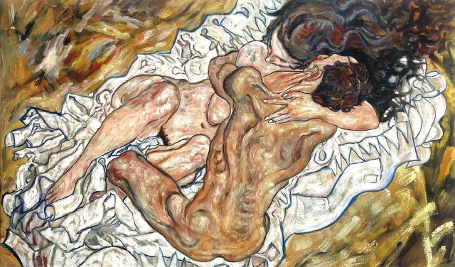 Two figures lying on a white sheet, holding each other, painted in heavy ochre and flesh tones