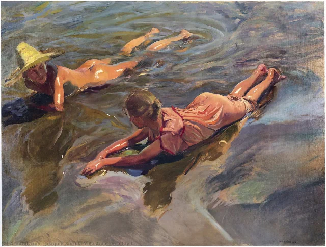 Two young figures lying in clear shallow water, seen from above