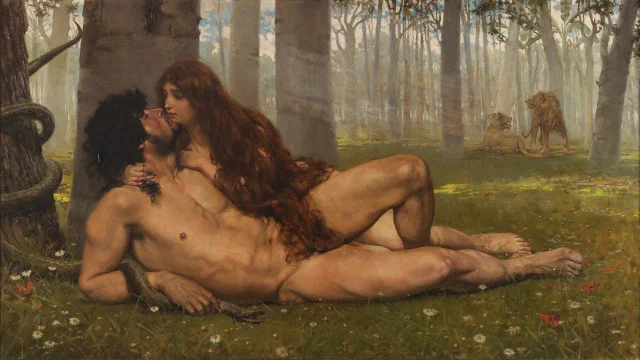 Adam and Eve lying together on the grass of a forest clearing, her long hair falling over him as she leans in to kiss him, a serpent coiled round the tree beside them and two lions resting in the distance
