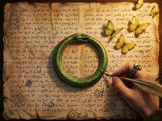 Melquíades' parchment: a green ouroboros coiled on a page of unreadable script, yellow butterflies lifting off it, and a hand writing with a quill